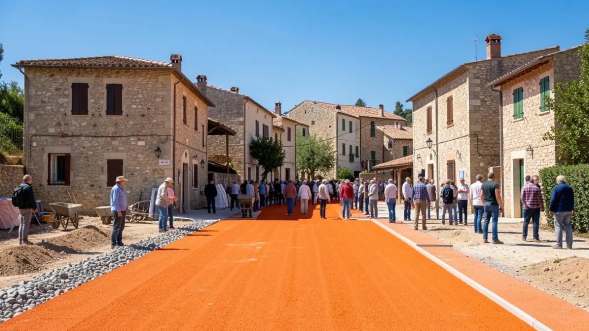 Construction work for ochre paving at the entrance of a Southern French village.