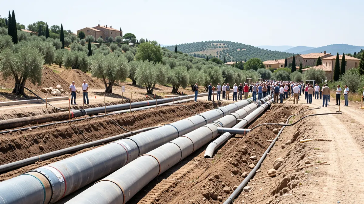 Image générique de travaux d'extension de réseaux d'eau et d'assainissement dans un paysage rural.