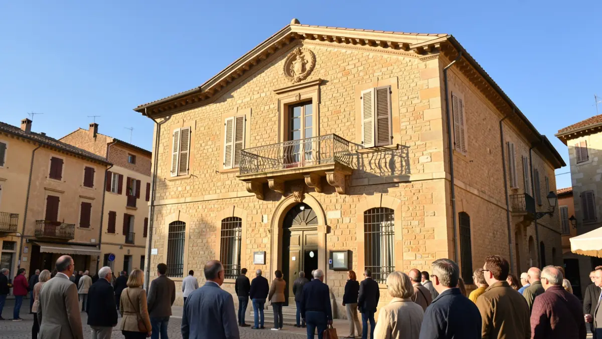 Image générique de la façade d'une mairie en Provence-Alpes-Côte d'Azur, avec une architecture traditionnelle en pierre et un balcon orné, sous la lumière chaude de l'après-midi et un ciel bleu.