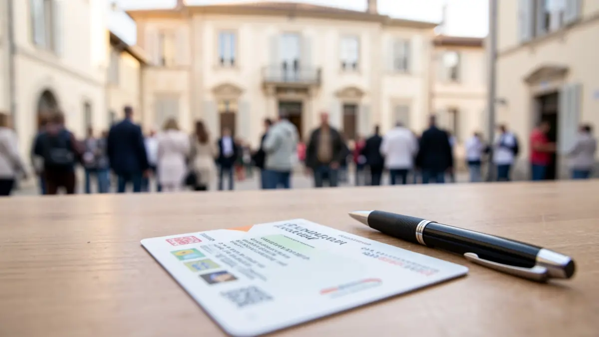 Generic image of a health insurance card and a pen on a desk, with a town hall facade in the background.
