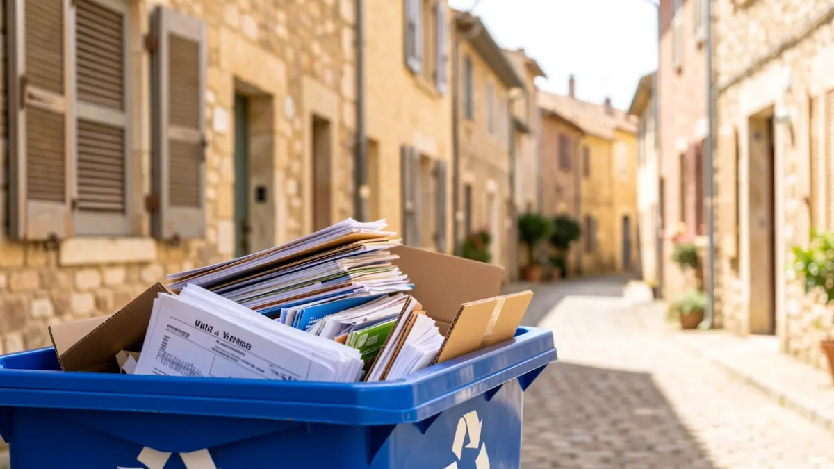 Image générique de bacs de tri sélectif remplis de papier et carton.