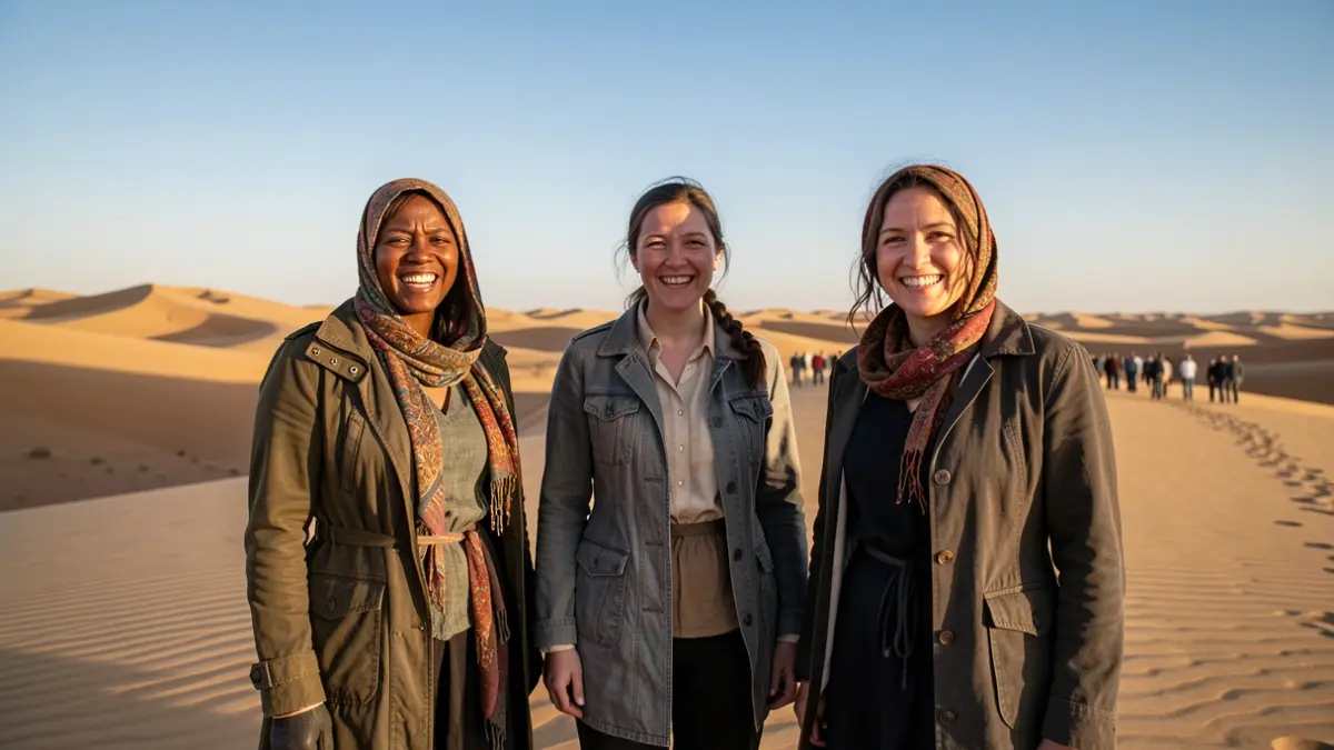 Generic image of three women in a desert, symbolizing accomplishment and adventure.
