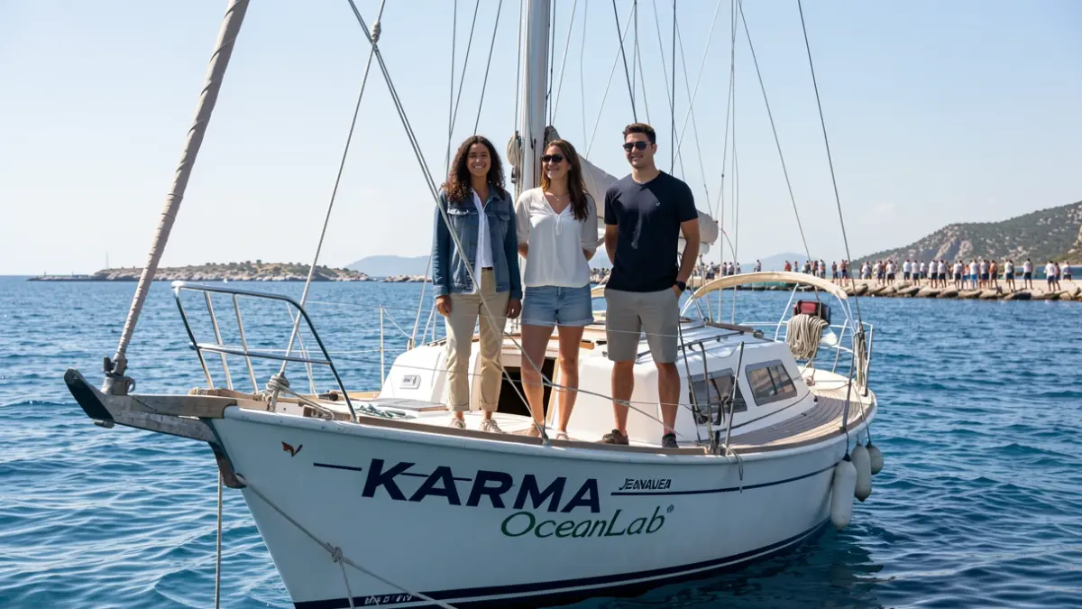 Generic image of three young adults on a sailboat, symbolizing adventure and ocean protection.