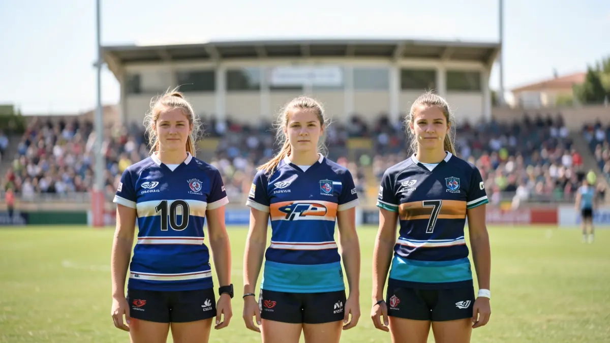 Image générique de trois jeunes femmes rugbymen sur un terrain.