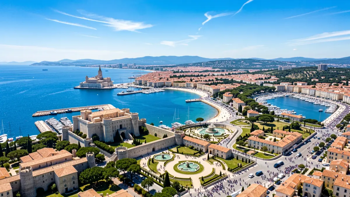 Vue aérienne de la région Toulon Provence Méditerranée, avec ses côtes, villes et paysages naturels sous le soleil méditerranéen.