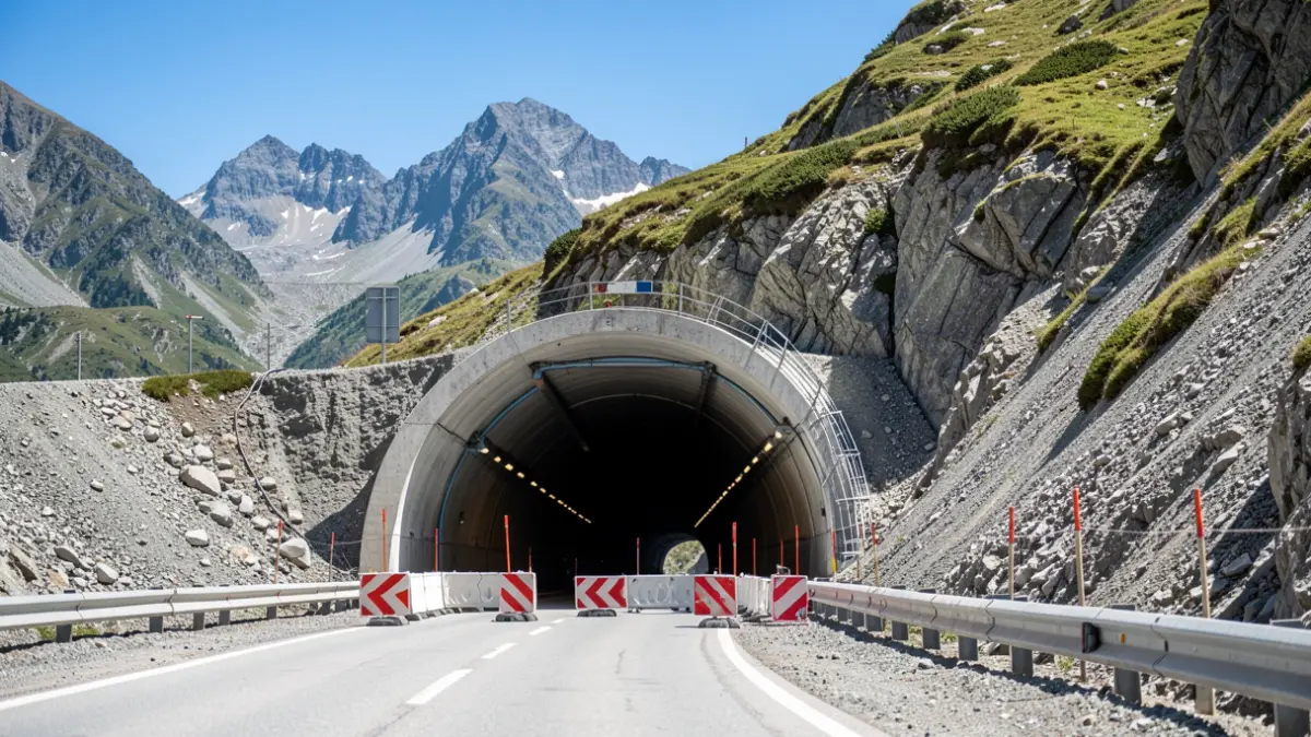 Image générique de l'entrée d'un tunnel en haute montagne avec des éléments de chantier.