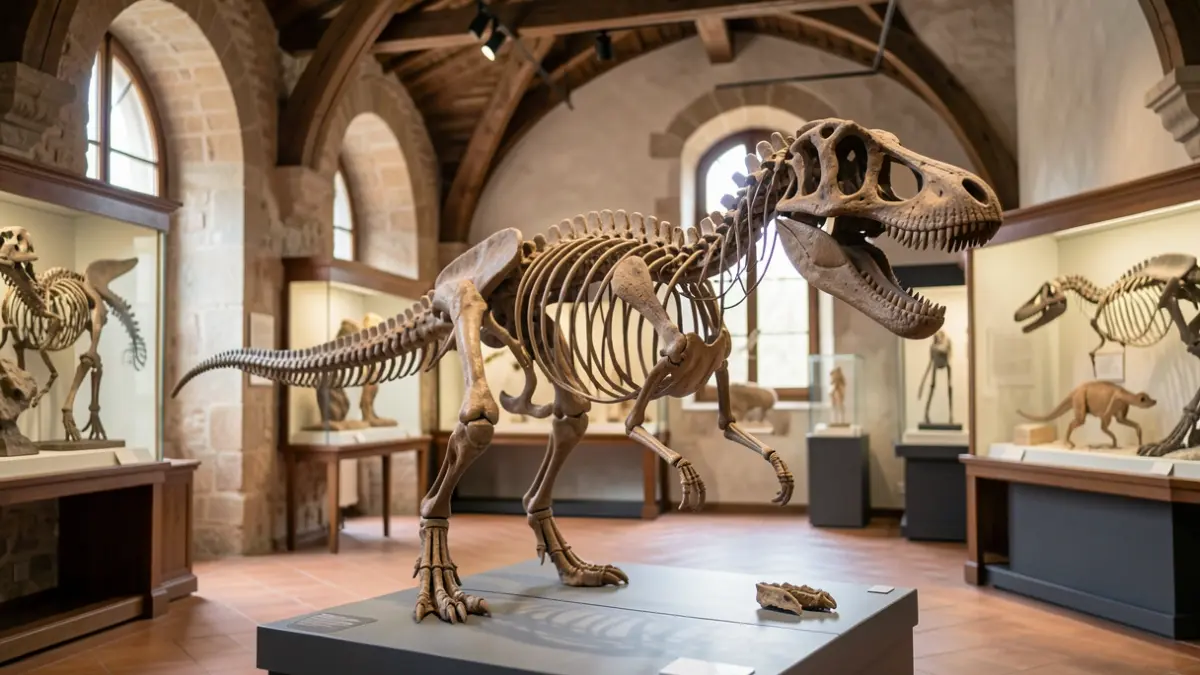 Generic image of a 3D reconstructed dinosaur skeleton in a museum, with natural history exhibition elements in the background.
