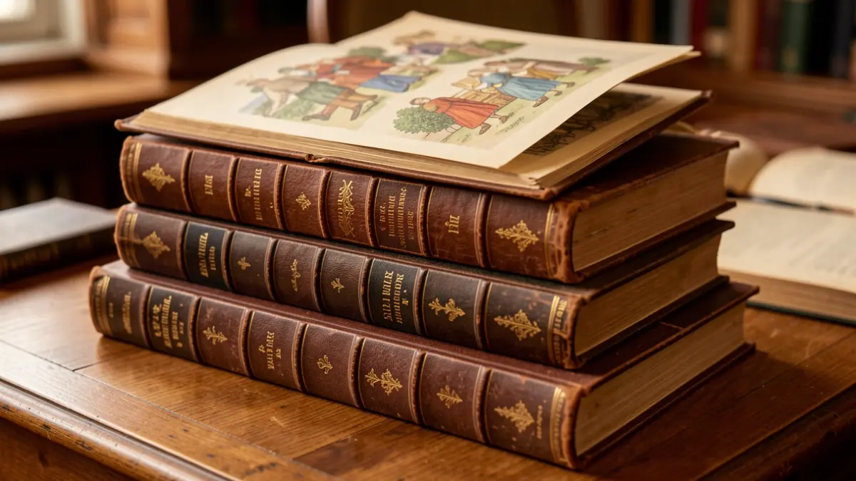 Image générique de livres anciens avec reliures en cuir et illustrations, sur un bureau en bois.