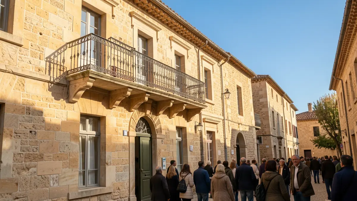 Generic image of a stone municipal building facade in Southern France, with an ornate balcony and blue sky.