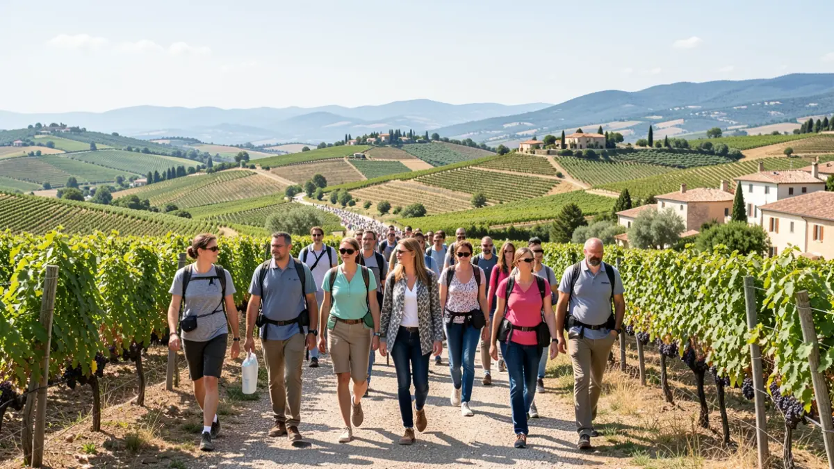 Image générique de professionnels internationaux en randonnée sur un sentier viticole en Provence.
