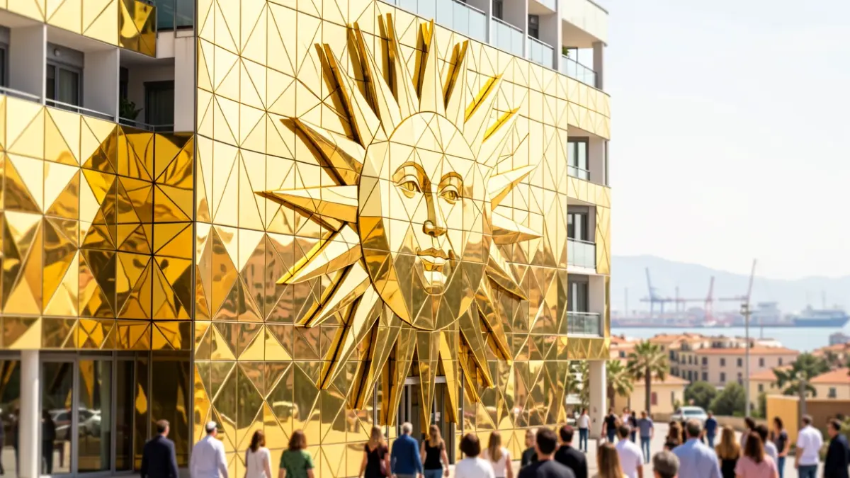Image générique d'une œuvre d'art monumentale sur la façade d'un bâtiment étudiant.