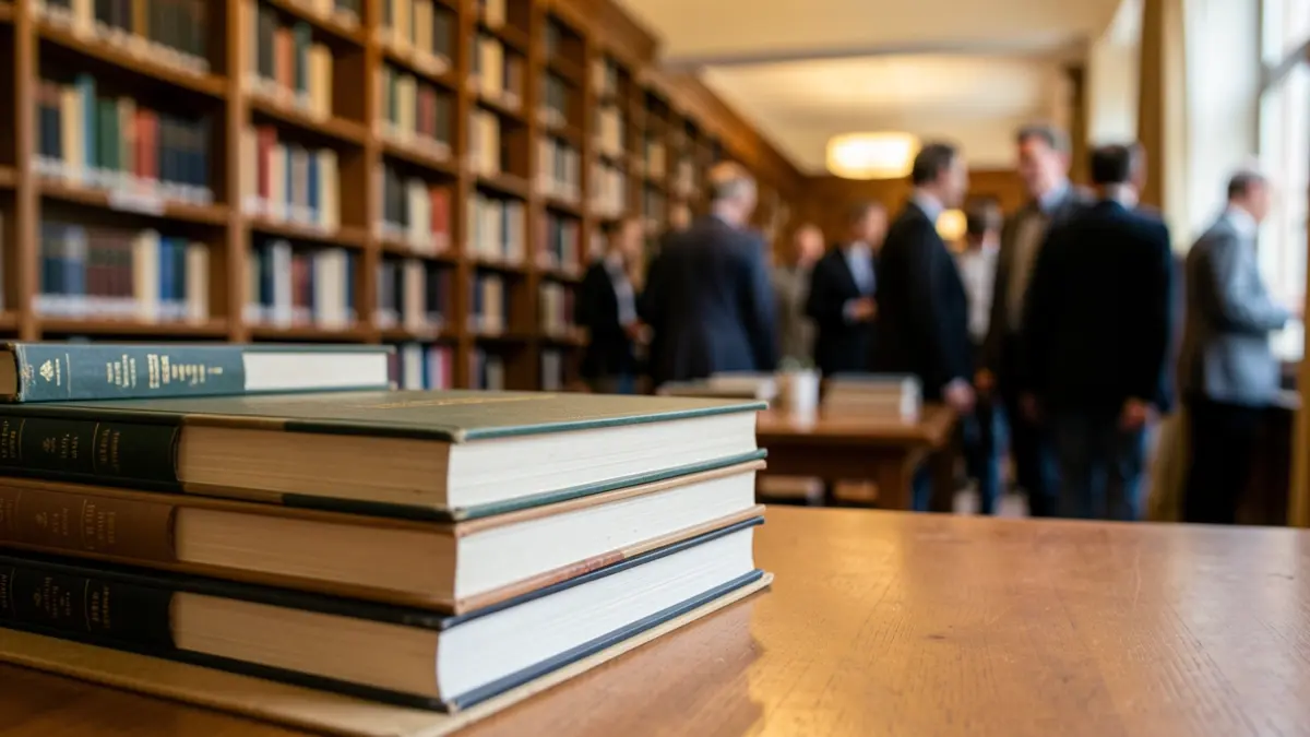 Image générique d'une pile de livres académiques sur un bureau en bois, avec un arrière-plan flou de bibliothèques.