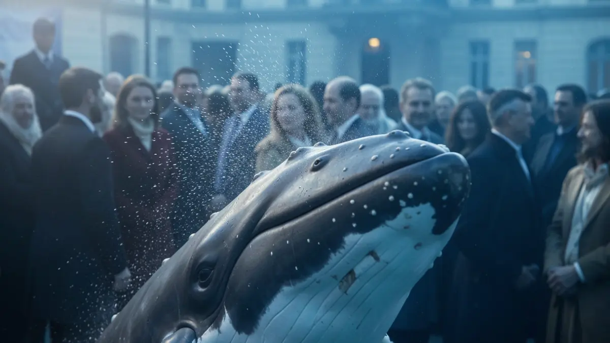 Generic image of a sperm whale's head underwater, with stylized clicks emanating from its head. Soft blue light, documentary style.