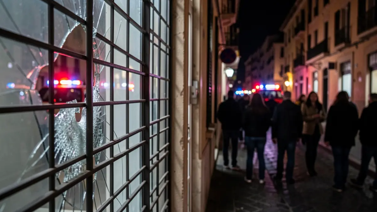 Image générique de vitrines de magasins endommagées avec des lumières de secours floues.