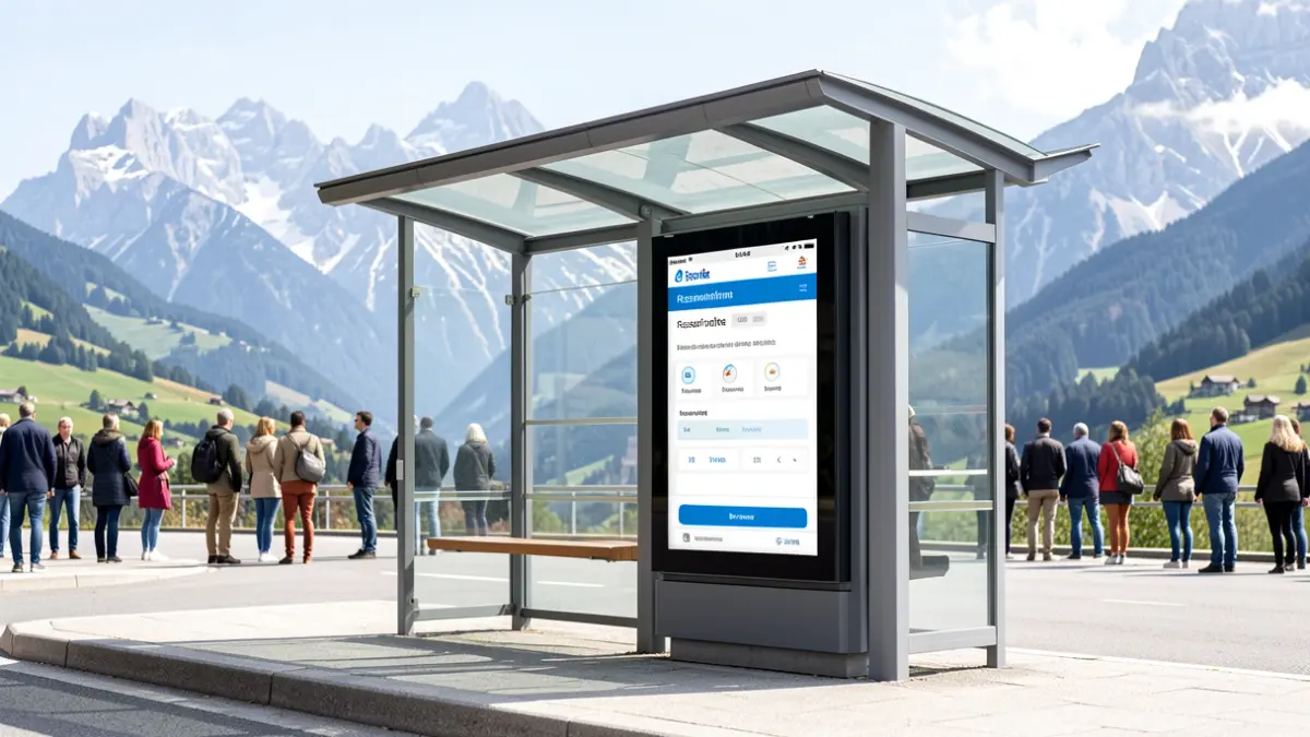 Image générique d'un abribus moderne avec un écran d'information dans un paysage de montagne.
