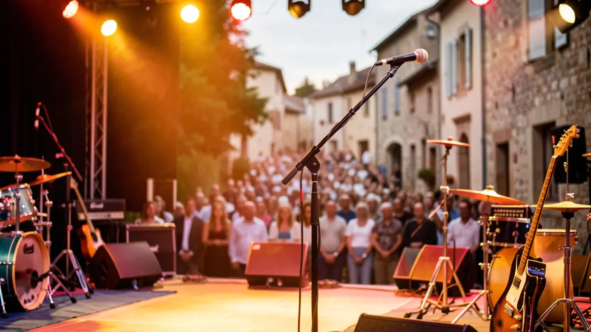 Image générique d'une scène de spectacle avec un microphone et des instruments de musique, public flou en arrière-plan, lumières chaudes.