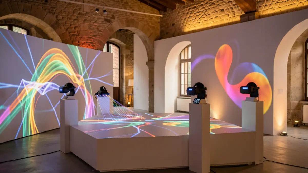 Image générique d'une installation d'art numérique immersive avec des projections lumineuses et des casques de réalité virtuelle dans un espace d'exposition.