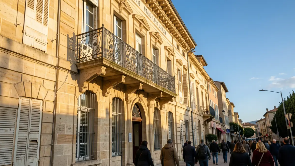 Façade d'un hôtel de ville en pierre de style provençal avec balcon en fer forgé, éclairée par le soleil de l'après-midi.