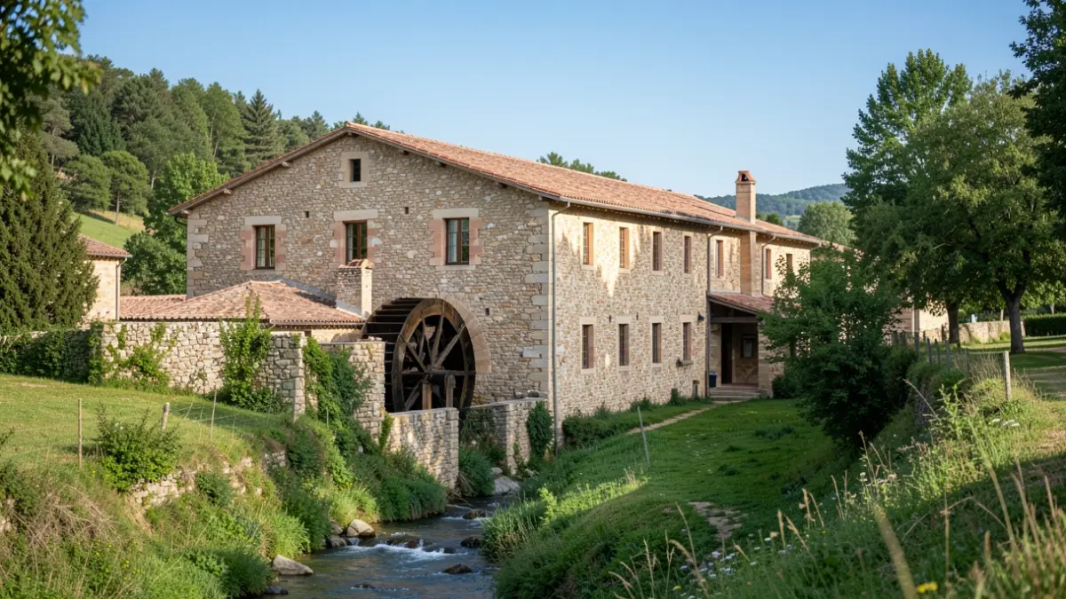 Image générique d'un vieux moulin en pierre dans une vallée verdoyante.