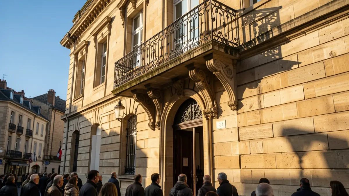 Image générique de la façade d'une mairie avec balcon et volets, sous un soleil d'après-midi.