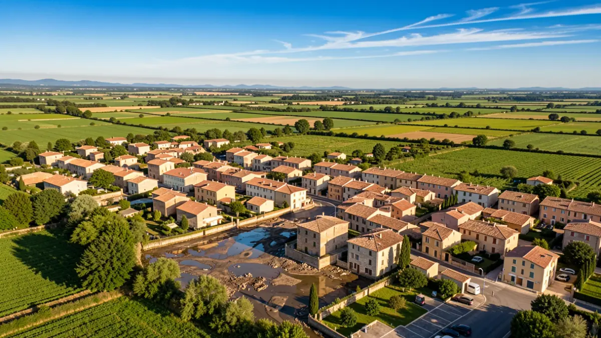 Image générique de la commune de Velaux après des intempéries, montrant des dégâts d'inondation sous un ciel bleu.
