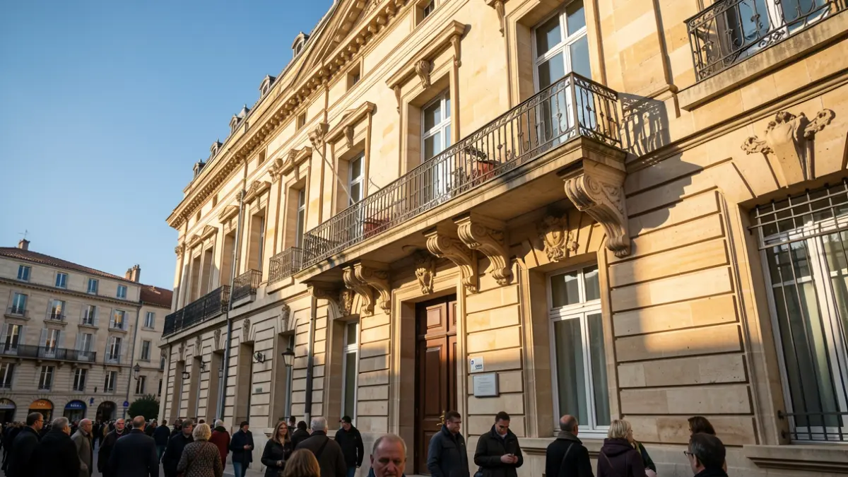 Image générique de la façade d'un hôtel de ville en pierre de style provençal, avec balcon et rambardes en fer forgé, sous un soleil d'après-midi.