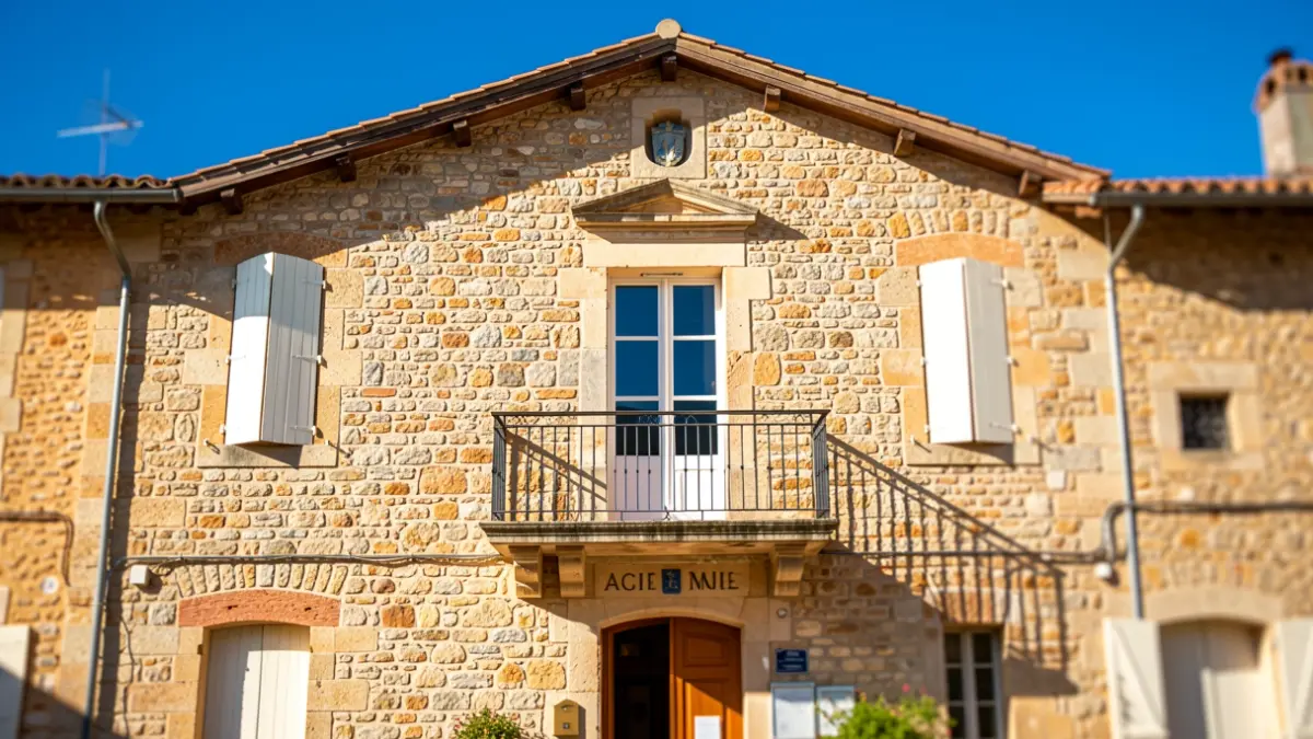 Image générique de la façade d'une mairie en Provence-Alpes-Côte d'Azur, avec une architecture en pierre et un balcon, sous un ciel bleu clair avec un fort ensoleillement méditerranéen.