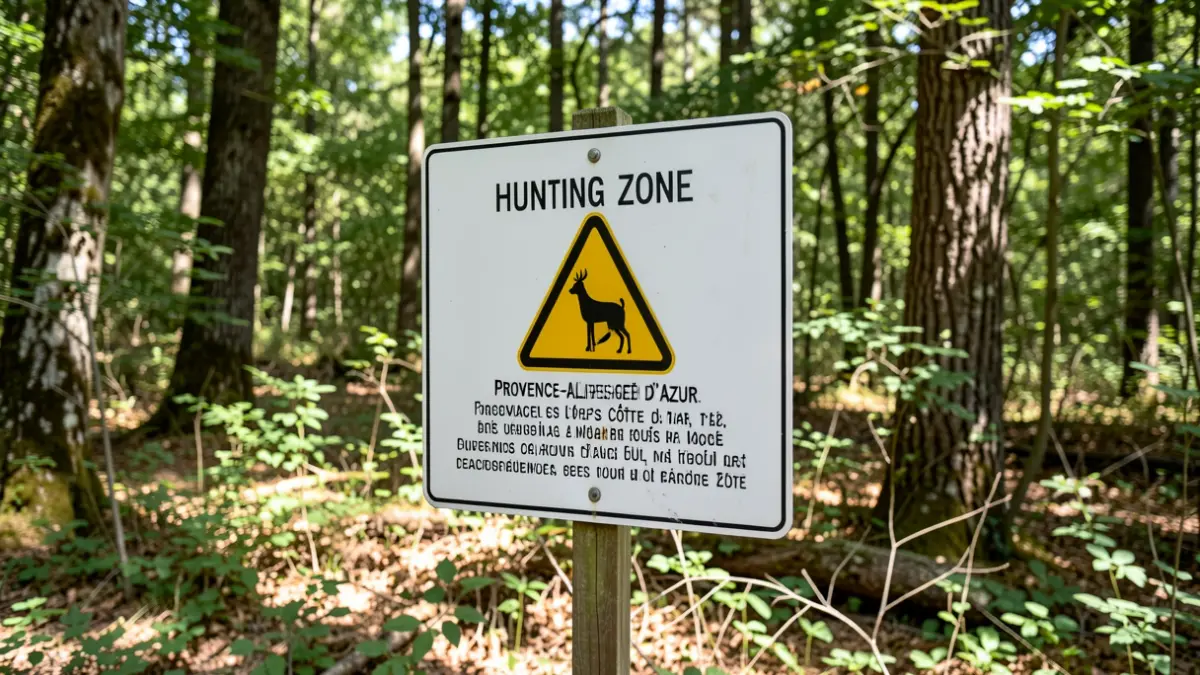 Sign indicating a hunting zone in a forest in Vernègues.
