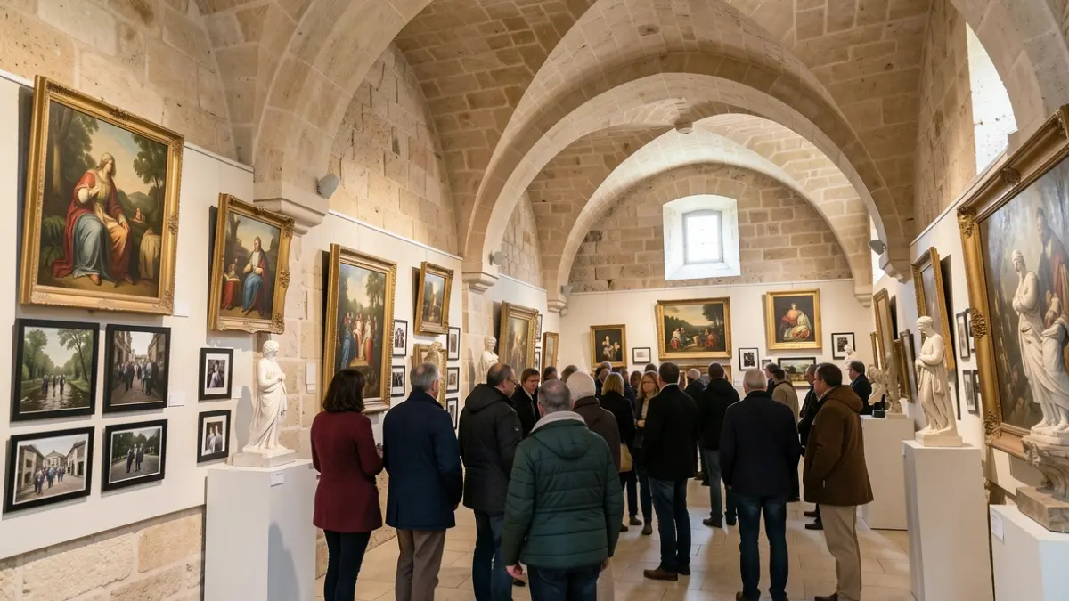 Interior of the vaulted rooms of La Charité in Carpentras, displaying paintings, sculptures, and photographs.