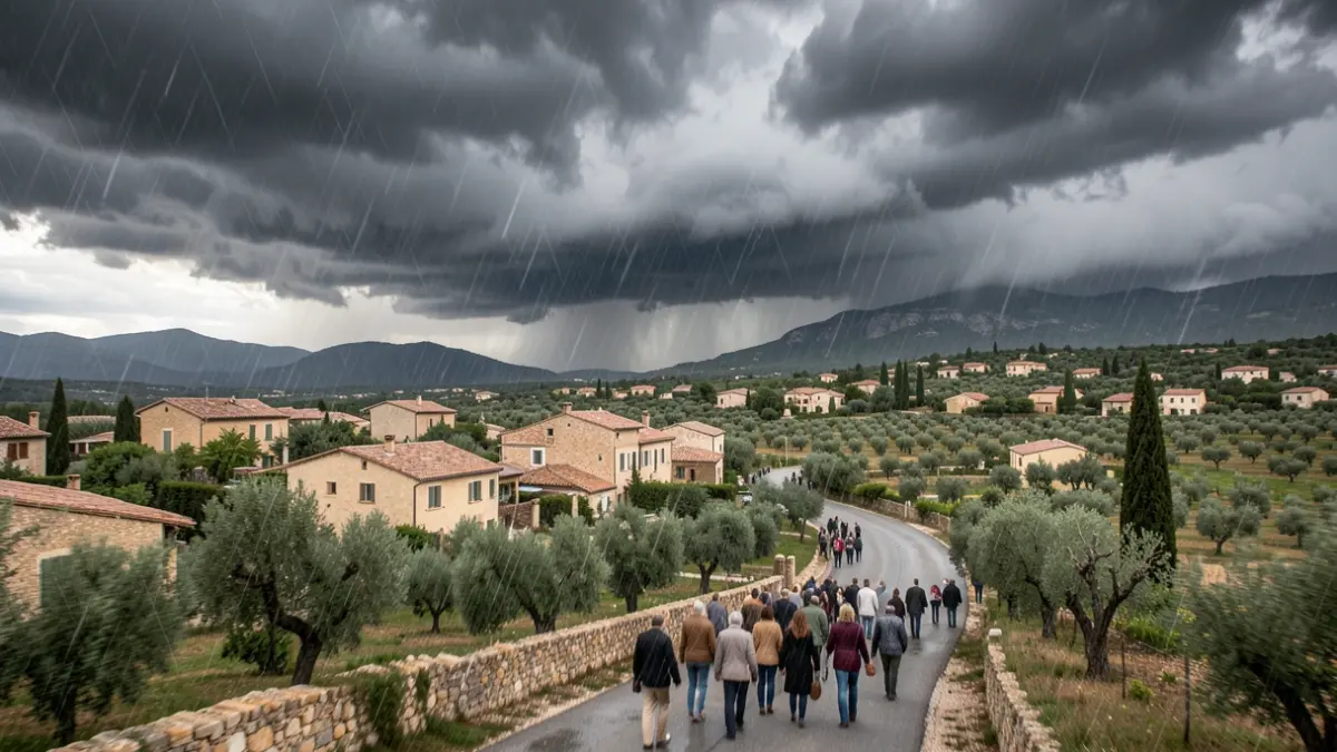 Image générique de nuages d'orage au-dessus d'un paysage méditerranéen avec des maisons dispersées et une route sinueuse, suggérant la pluie et le vent intenses.