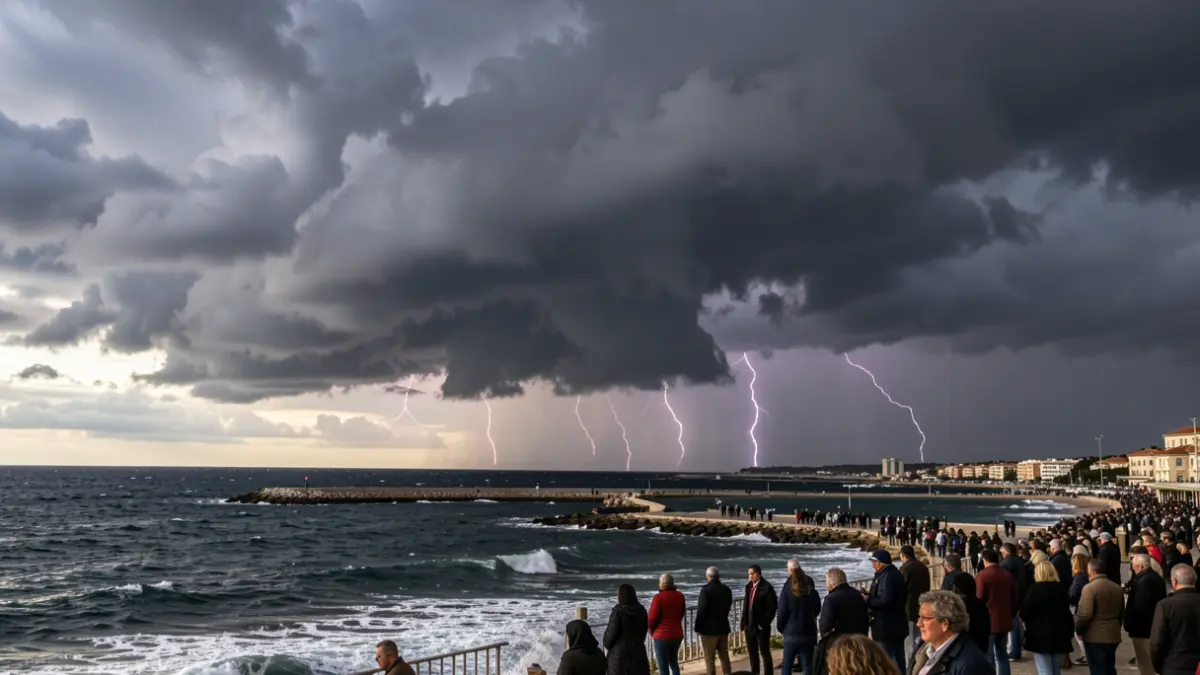 Generic image of dark storm clouds over the Mediterranean coastline.