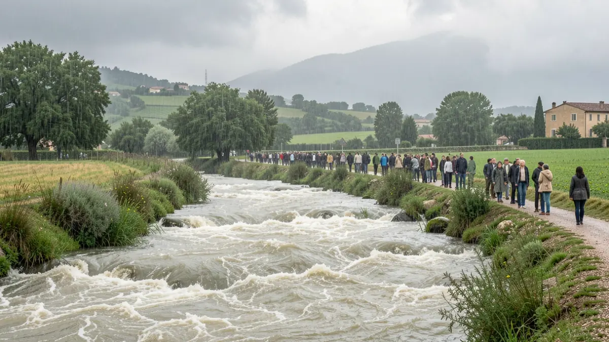 Image générique de fortes pluies sur un paysage rural, avec un effet de turbidité de l'eau.