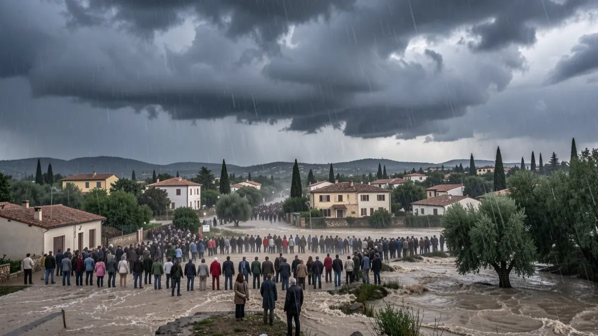 Image générique de nuages d'orage menaçants s'accumulant au-dessus d'un paysage méditerranéen avec des pluies intenses.