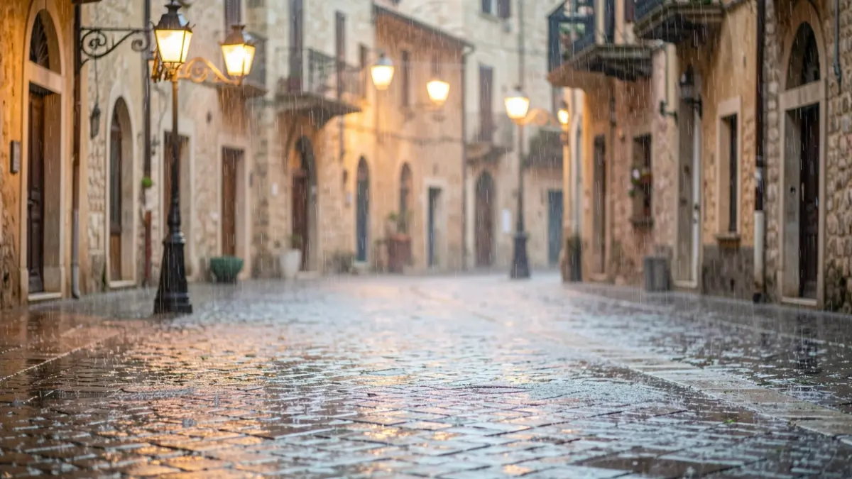 Image générique de fortes pluies sur une place de village méditerranéen.
