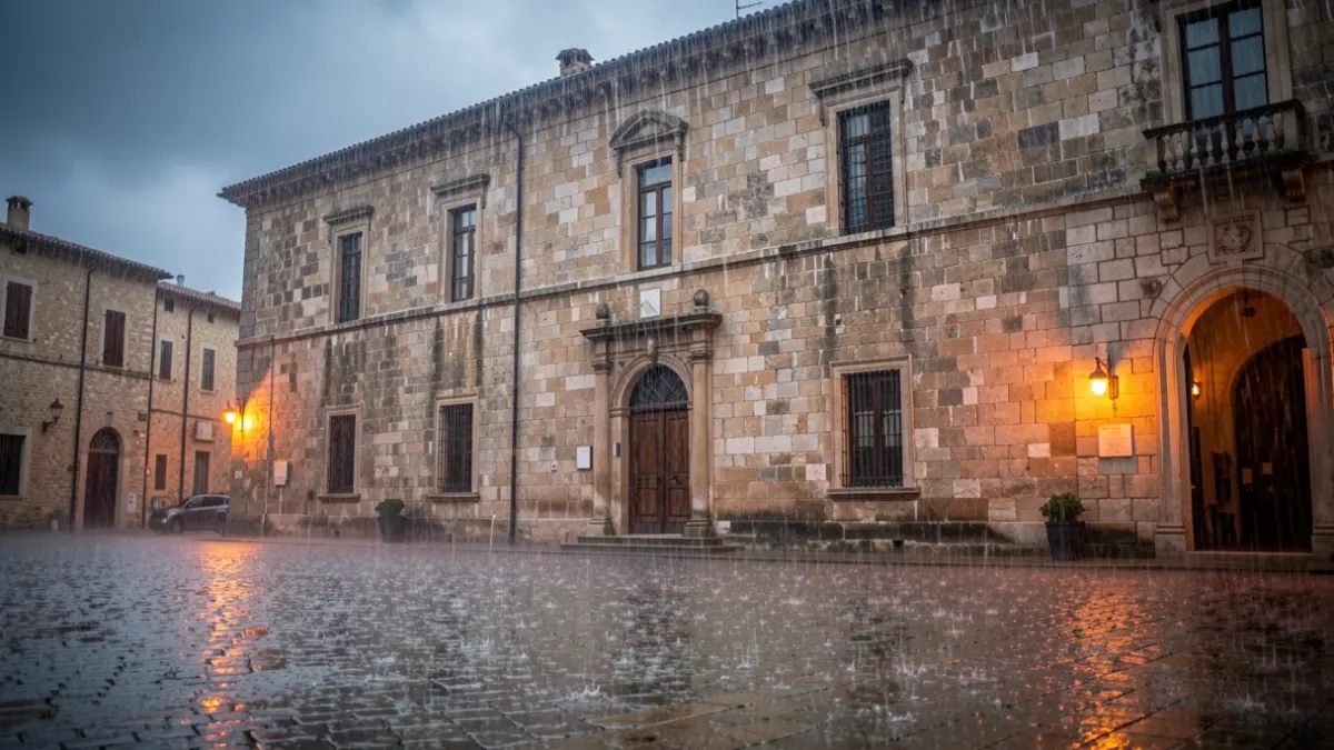 Image générique de fortes pluies s'abattant sur la façade d'un bâtiment officiel dans le sud de la France.