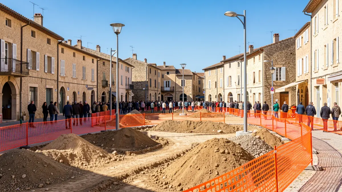 Urban revitalization construction site in a Mediterranean town center with safety barriers and new lighting.
