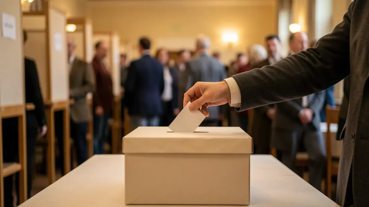 Generic image of a ballot box with a hand casting a vote, blurred background of voting booths, ambient lighting.