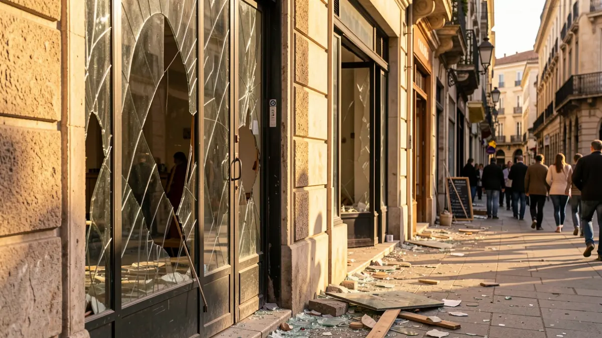Image générique de devantures de magasins endommagées avec des débris, sous un soleil méditerranéen.