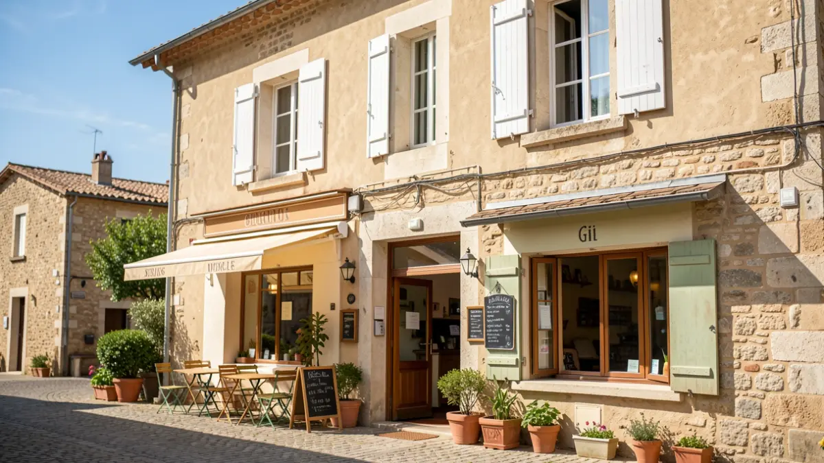Generic image of a renovated building facade in a Provençal village, indicating a cafe, restaurant, and gîte.